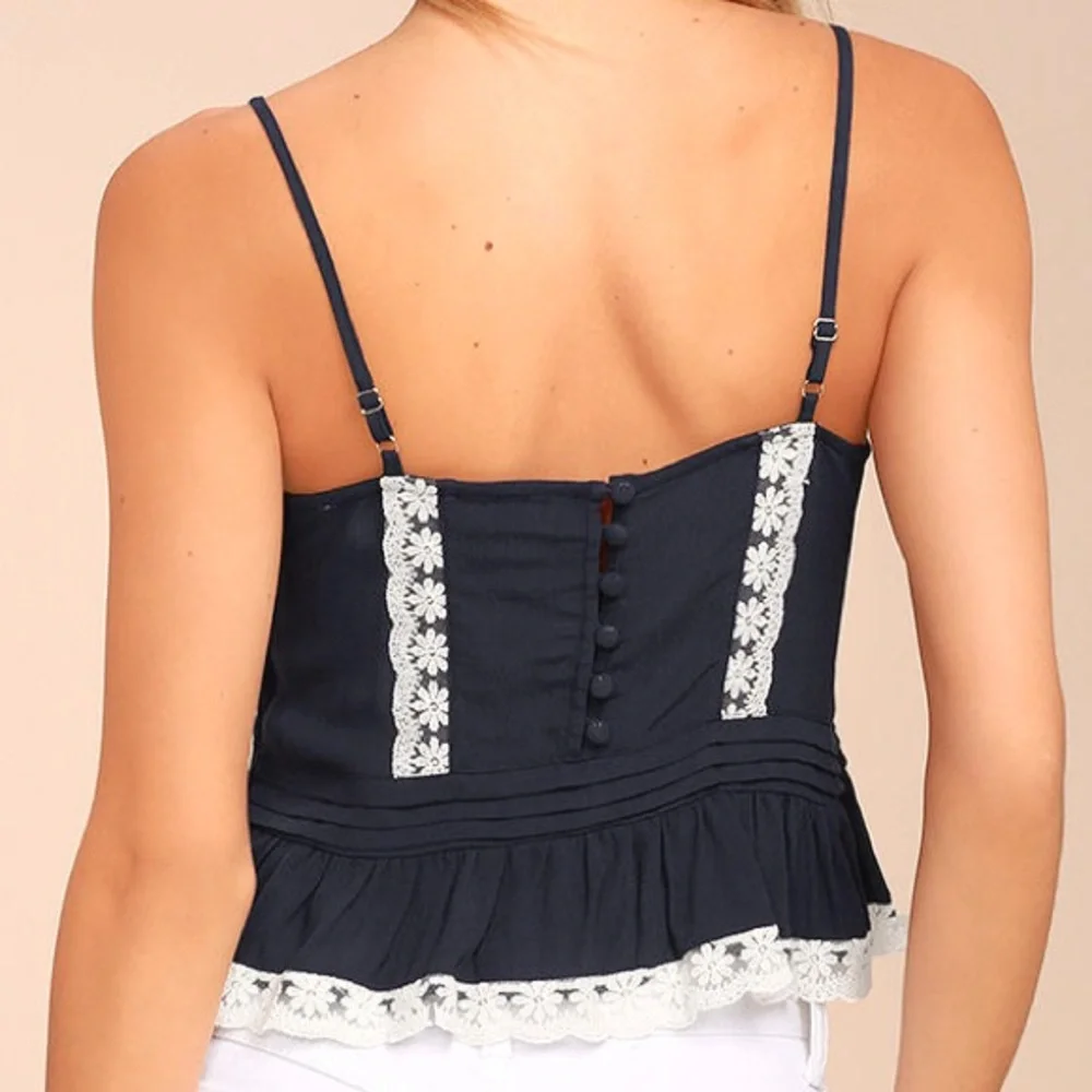 Lulus Navy Blue Eyelet Lace Crop Top Ruffle Cami Adjustable Straps - Picture 5 of 5